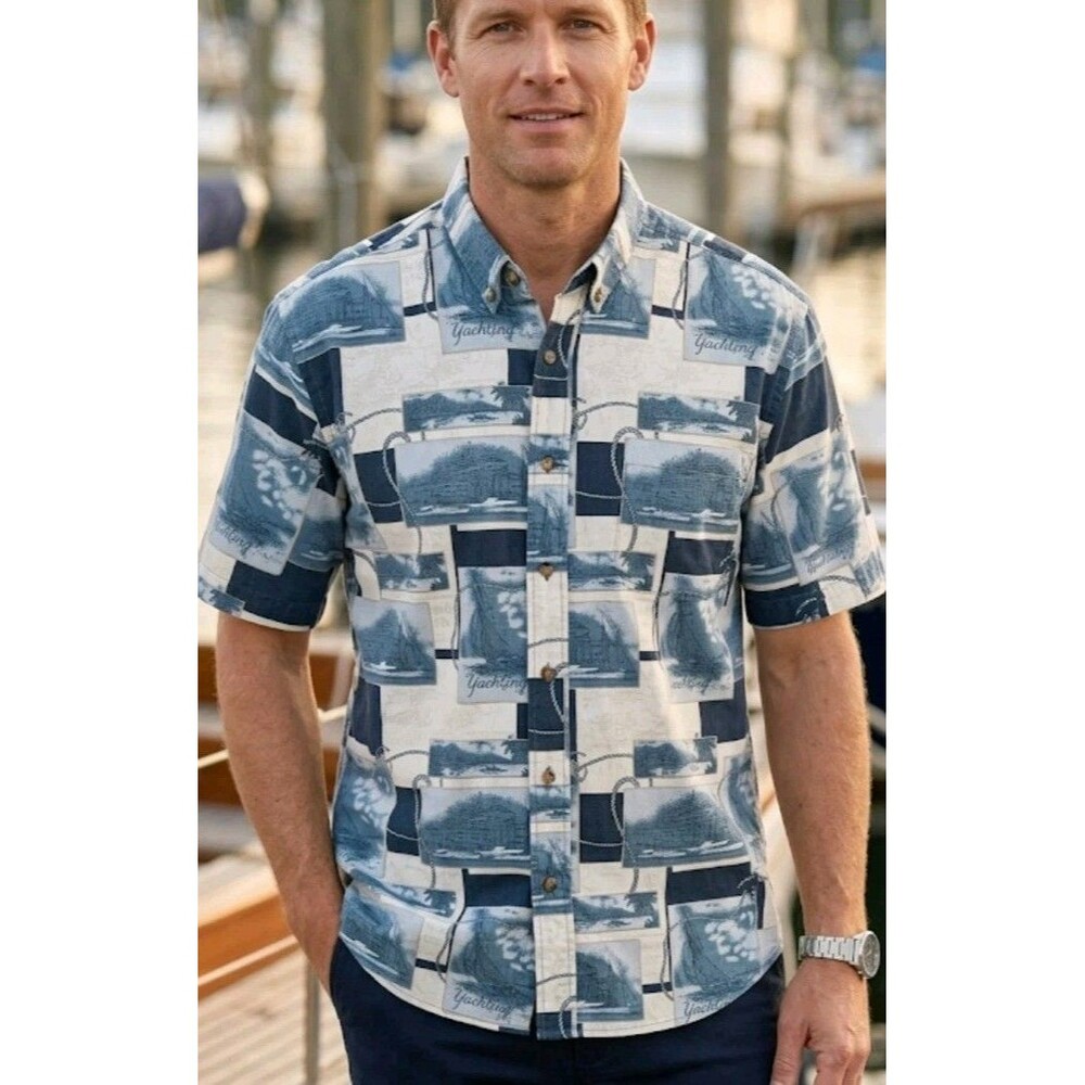 Cafe Luna Men's Shirt Sz L 42/44 Button Down Yacht Print 100% Cotton